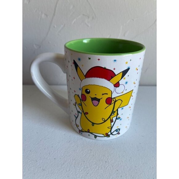 POKEMON Christmas Mug White Ceramic 14 OZ Holiday Lights Pikachu White Yellow - Picture 1 of 5